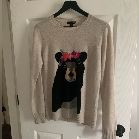 Aqua Beige Sweater with Bear and Floral Design - Picture 1 of 15